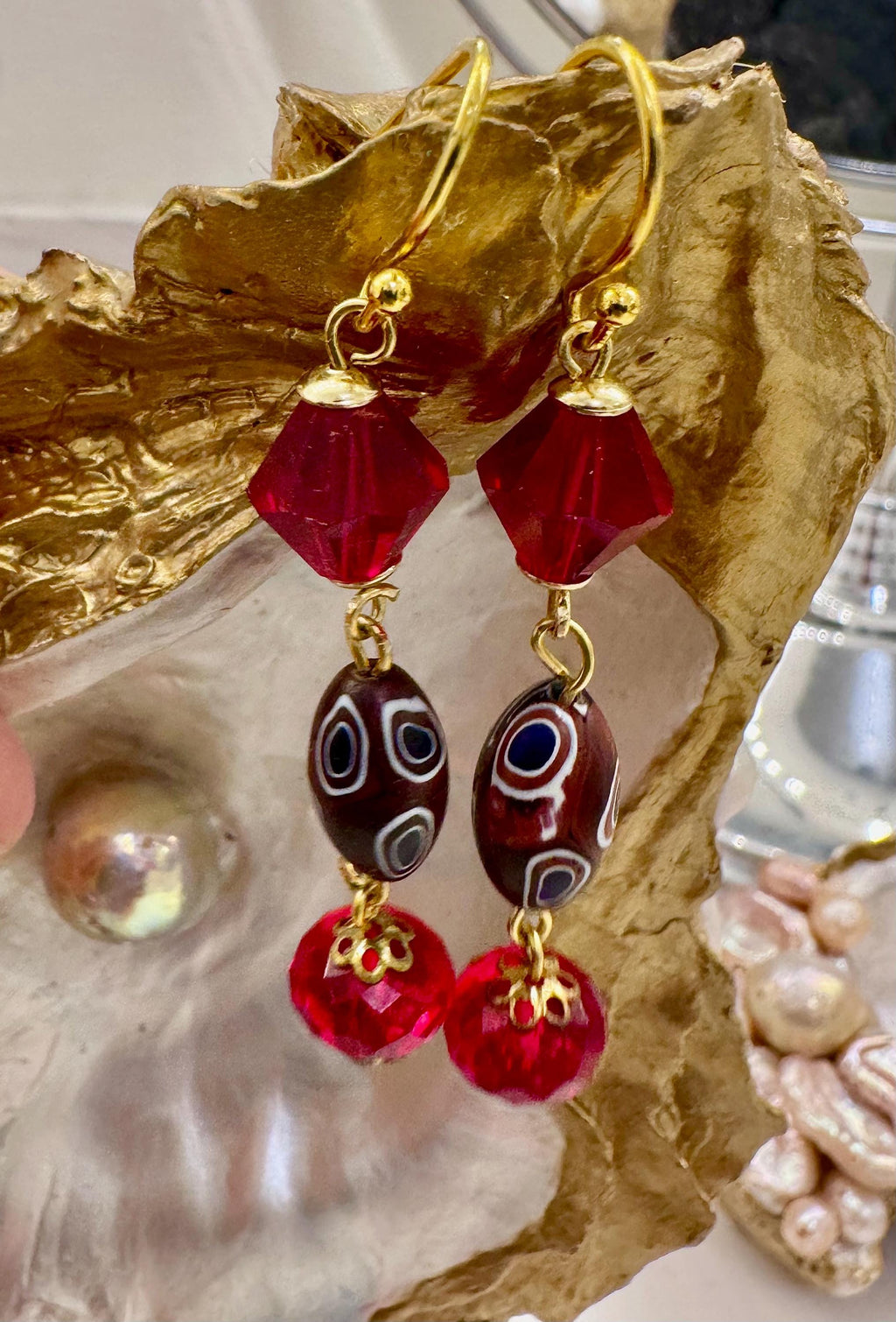Vintage Ercole Moretti Murano Glass Earrings, Red Crystal, Gold Vermeil