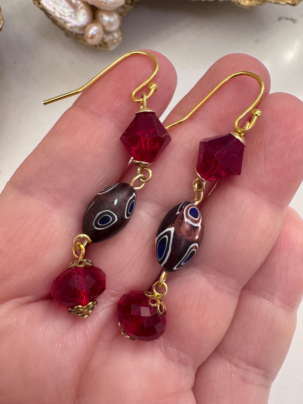 Vintage Ercole Moretti Murano Glass Earrings, Red Crystal, Gold Vermeil