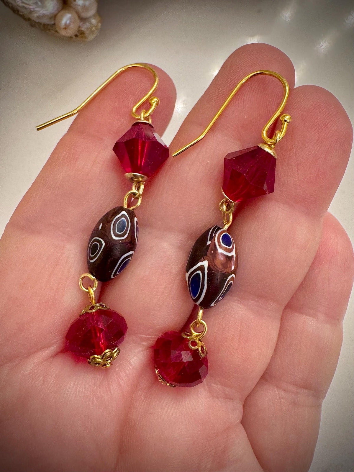 Vintage Ercole Moretti Murano Glass Earrings, Red Crystal, Gold Vermeil