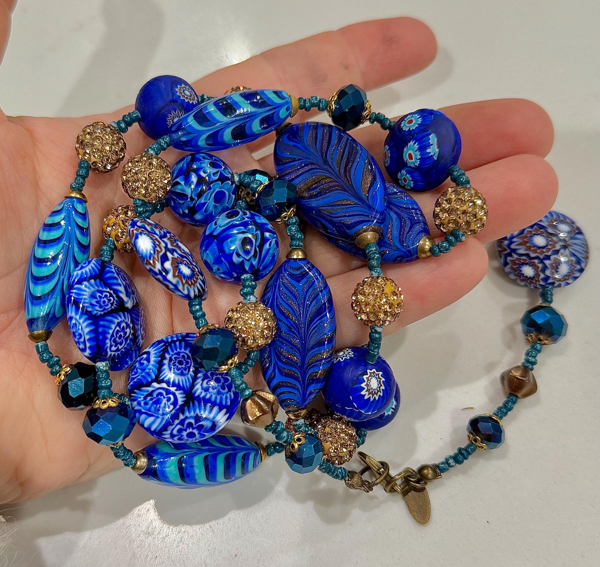 Rosario Leonardi 28" Necklace Featuring a Tapestry Mix of Vintage Cobalt Blue Ercole Moretti & Uncirculated Millefiori Murano Glass Beads
