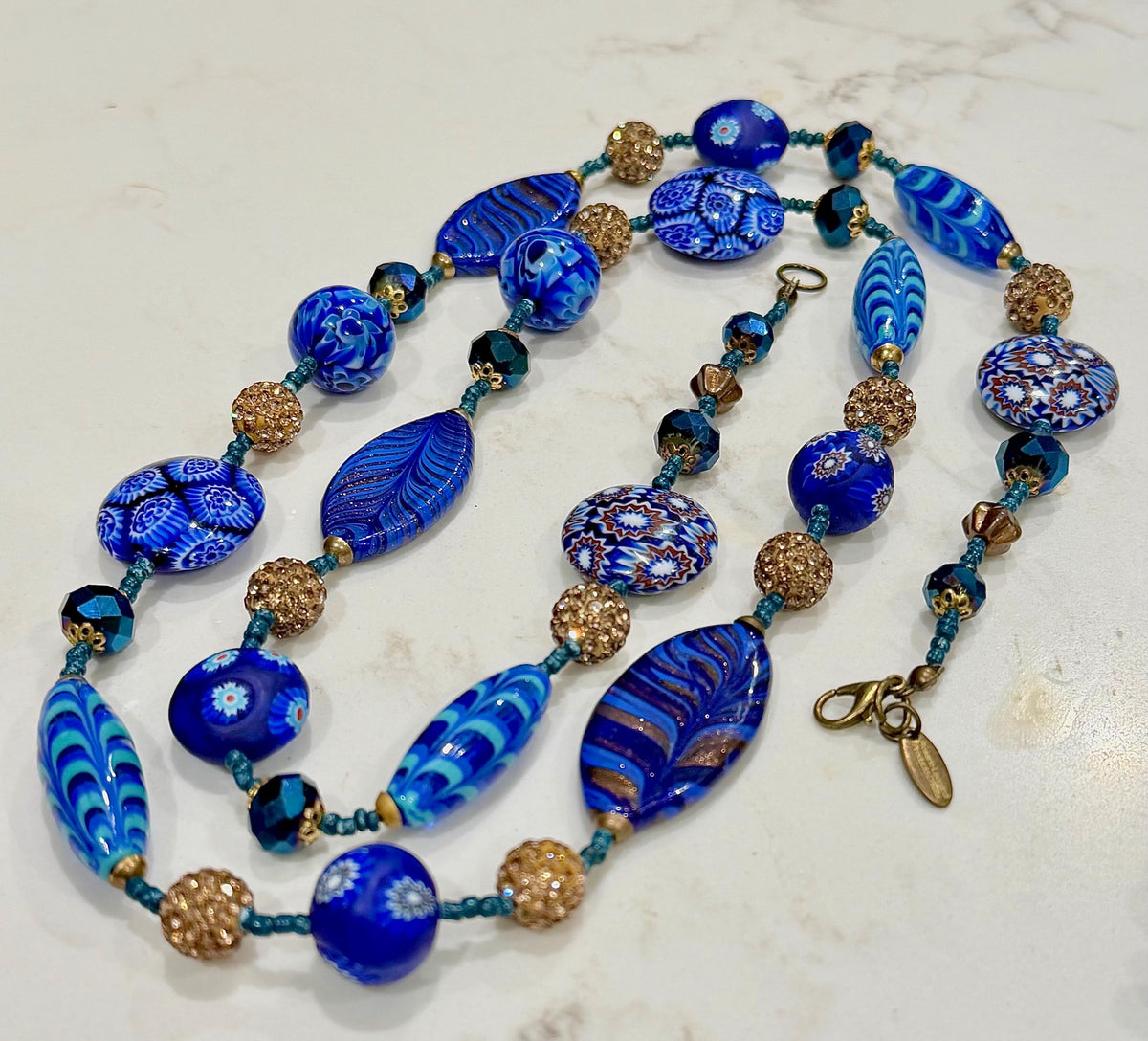 Rosario Leonardi 28" Necklace Featuring a Tapestry Mix of Vintage Cobalt Blue Ercole Moretti & Uncirculated Millefiori Murano Glass Beads