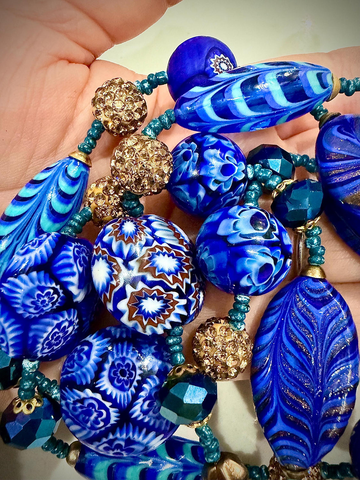Rosario Leonardi 28" Necklace Featuring a Tapestry Mix of Vintage Cobalt Blue Ercole Moretti & Uncirculated Millefiori Murano Glass Beads