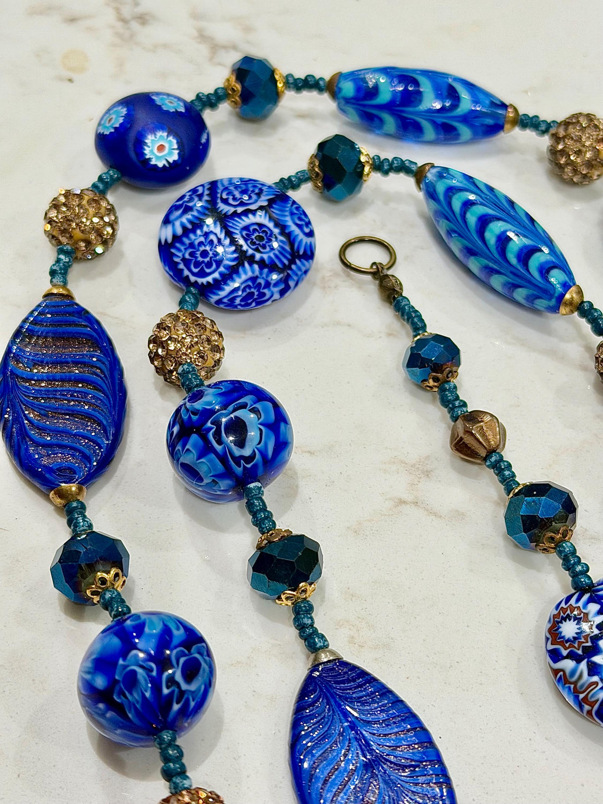 Rosario Leonardi 28" Necklace Featuring a Tapestry Mix of Vintage Cobalt Blue Ercole Moretti & Uncirculated Millefiori Murano Glass Beads