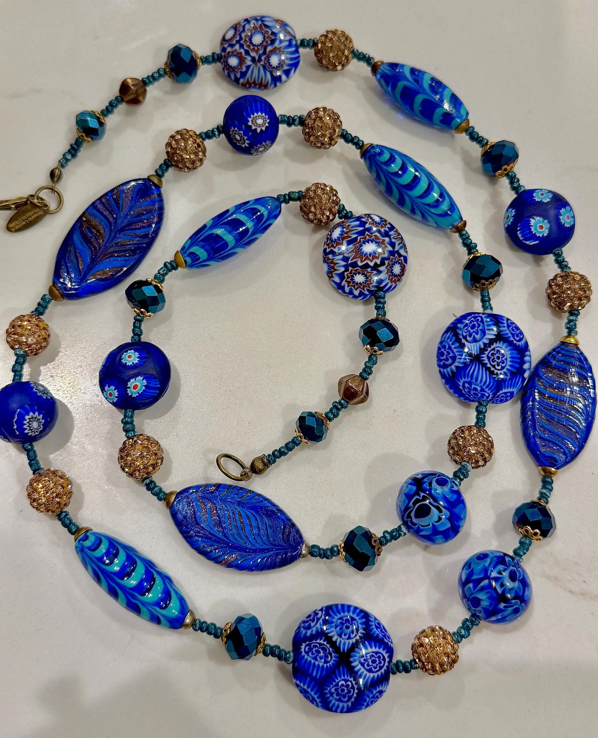Rosario Leonardi 28" Necklace Featuring a Tapestry Mix of Vintage Cobalt Blue Ercole Moretti & Uncirculated Millefiori Murano Glass Beads