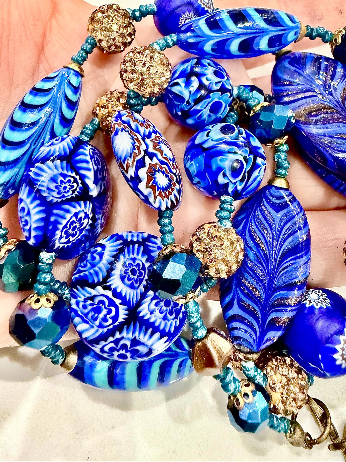 Rosario Leonardi 28" Necklace Featuring a Tapestry Mix of Vintage Cobalt Blue Ercole Moretti & Uncirculated Millefiori Murano Glass Beads