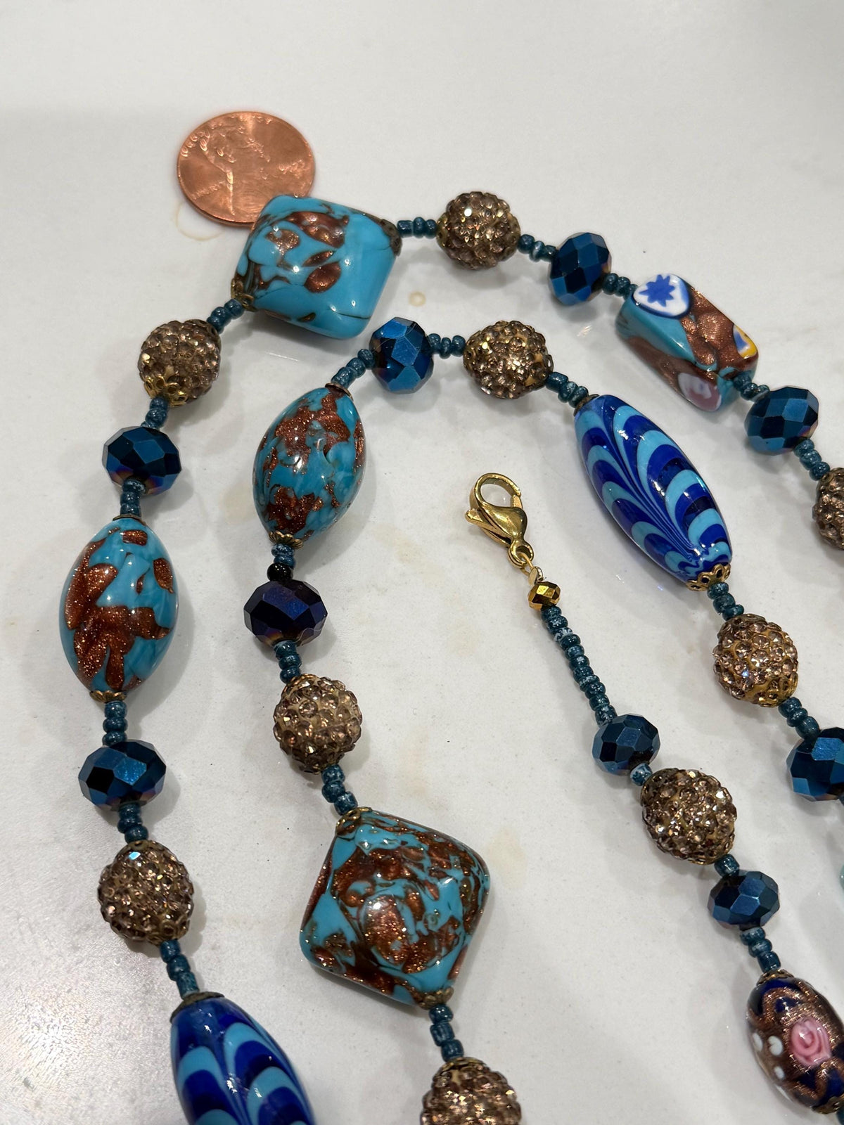 28” Rosario Leonardi Aqua Beauty Featuring Ercole Moretti Murano Millefiori Glass Beaded Necklace