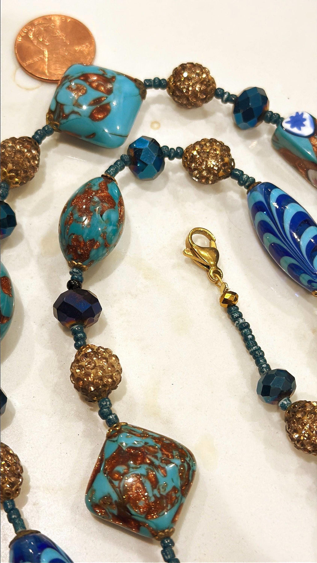 28” Rosario Leonardi Aqua Beauty Featuring Ercole Moretti Murano Millefiori Glass Beaded Necklace