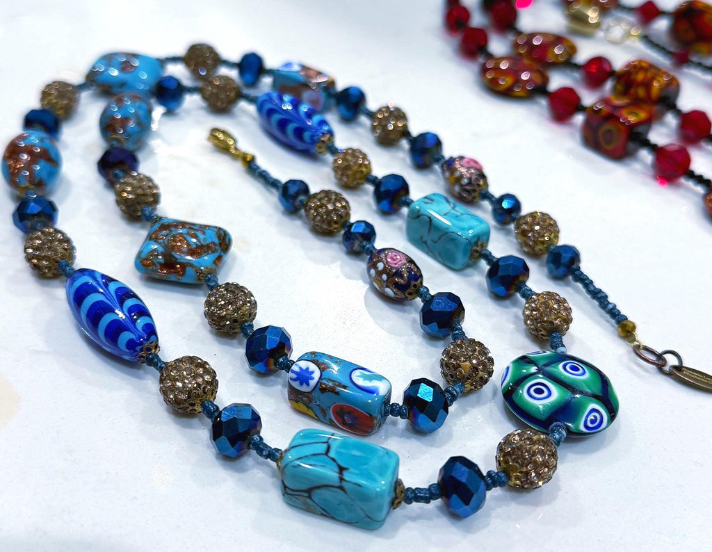 28” Rosario Leonardi Aqua Beauty Featuring Ercole Moretti Murano Millefiori Glass Beaded Necklace