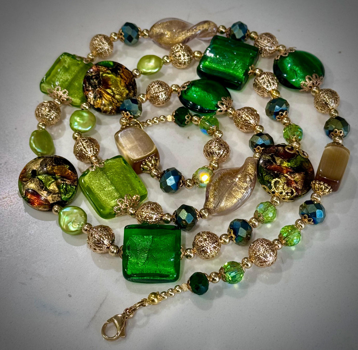 Rosario Leonardi Green & Gold Millefiori Lampwork Murano Glass Necklace