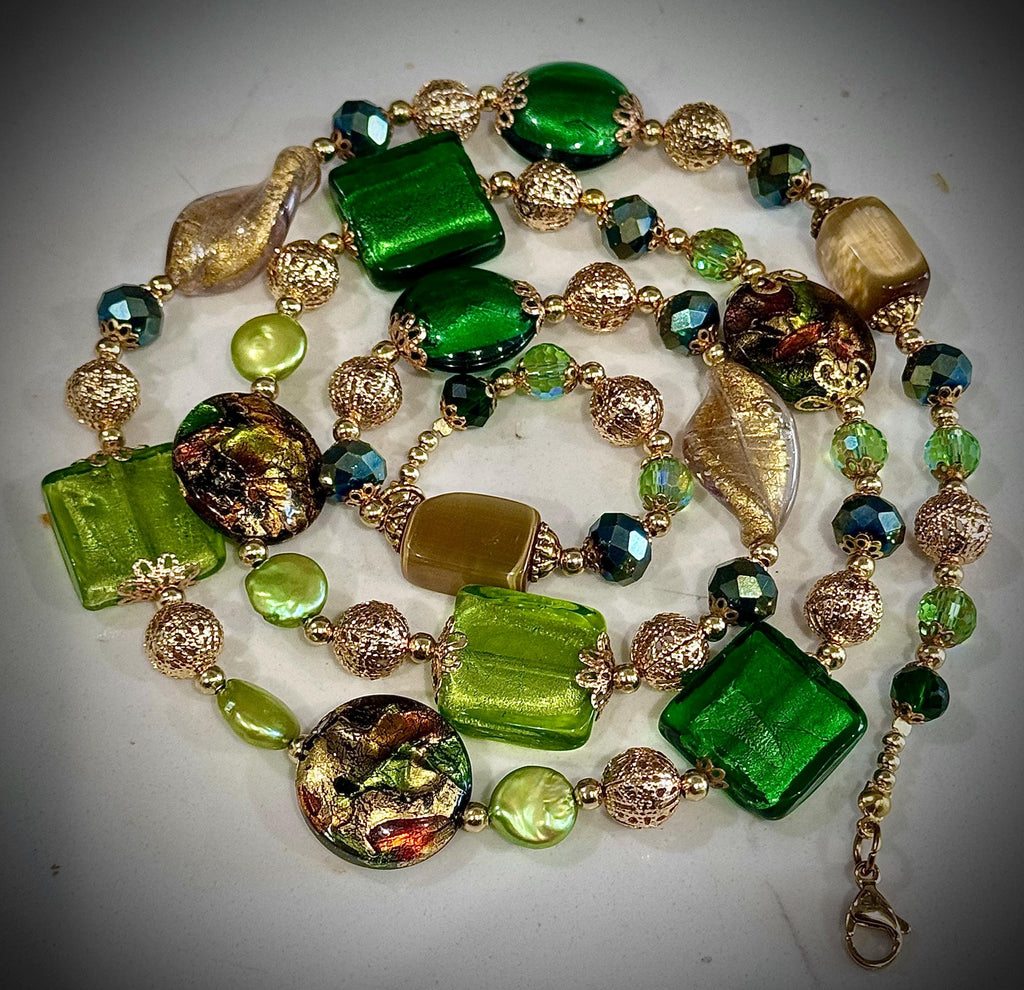 Rosario Leonardi Green & Gold Millefiori Lampwork Murano Glass Necklace