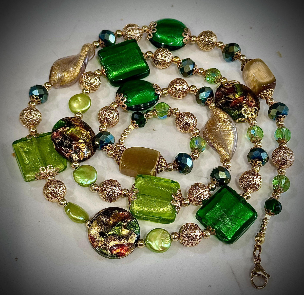 Rosario Leonardi Green & Gold Millefiori Lampwork Murano Glass Necklace