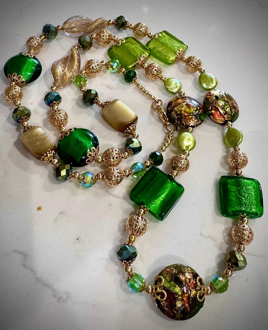 Rosario Leonardi Green & Gold Millefiori Lampwork Murano Glass Necklace