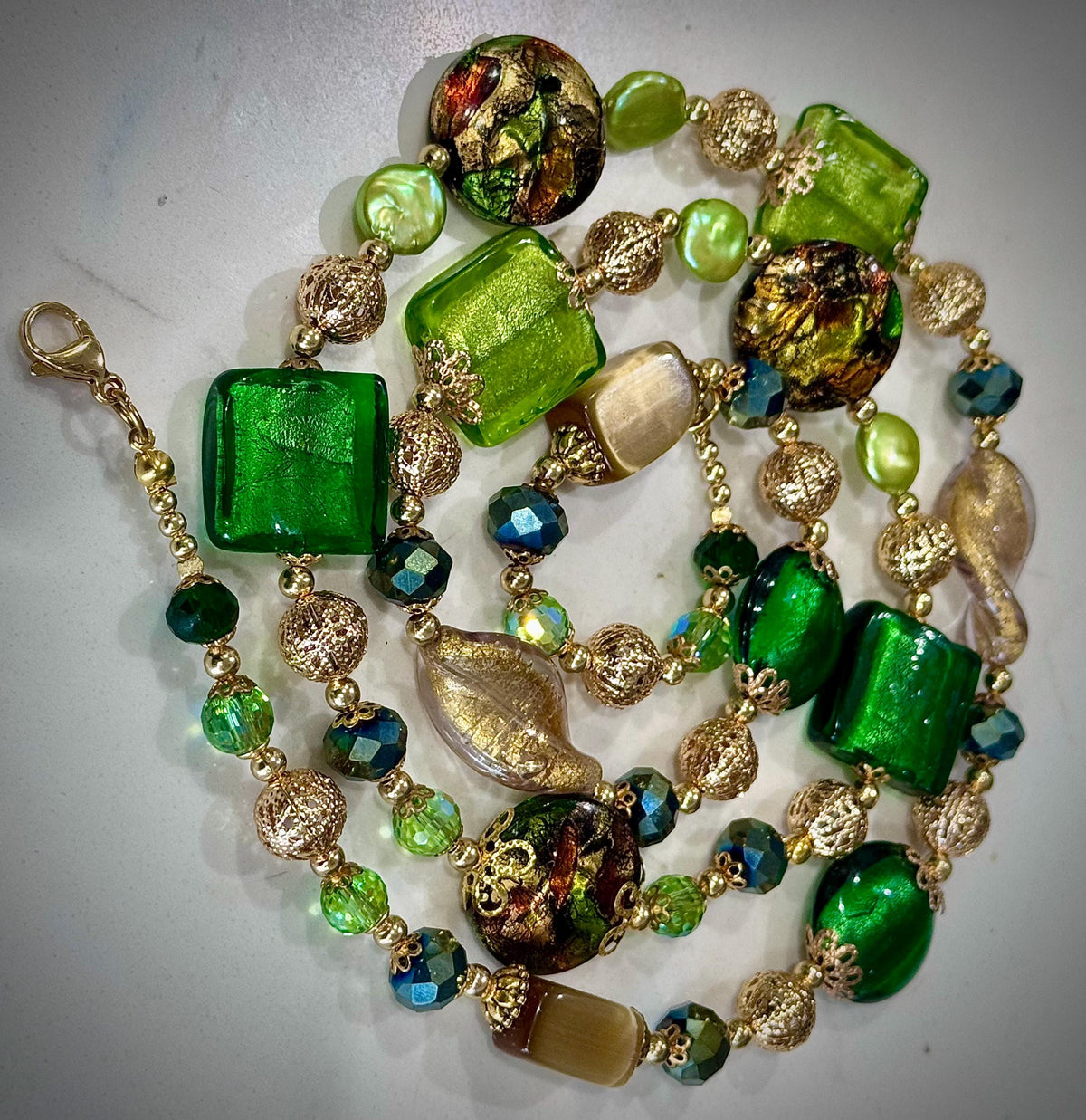 Rosario Leonardi Green & Gold Millefiori Lampwork Murano Glass Necklace