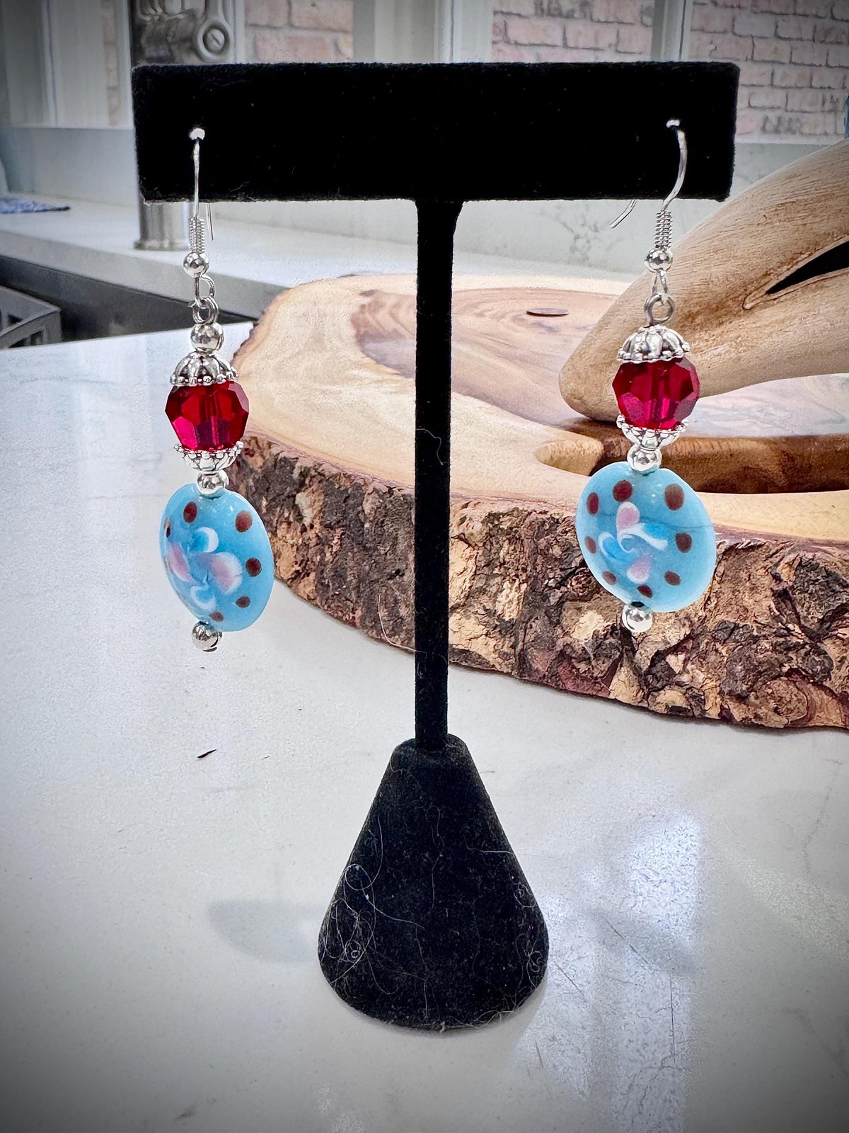 Handmade Murano Millefiori Earrings, Powder Blue, Pink, Sterling Silver Hooks