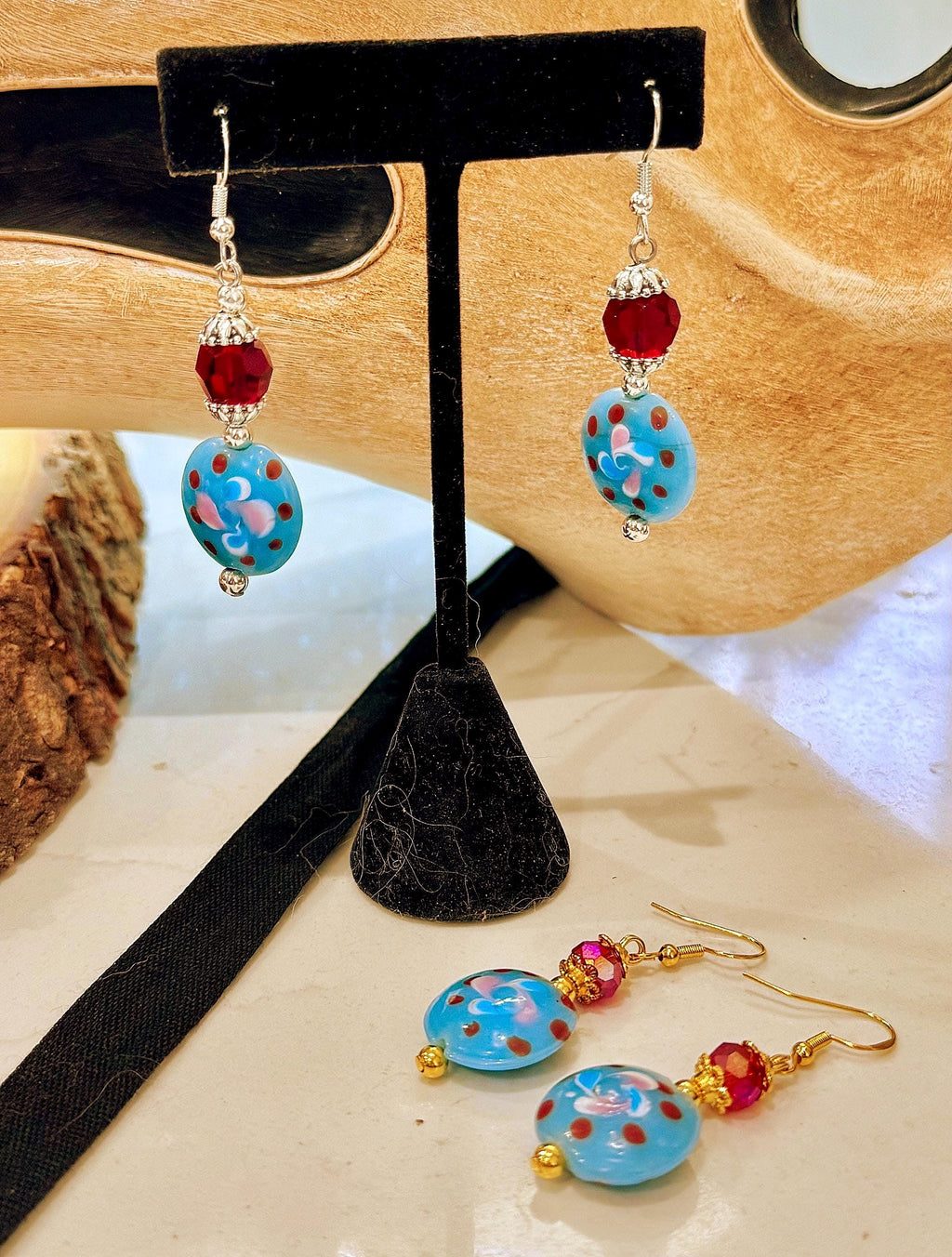 Handmade Murano Millefiori Earrings, Powder Blue, Pink, Sterling Silver Hooks