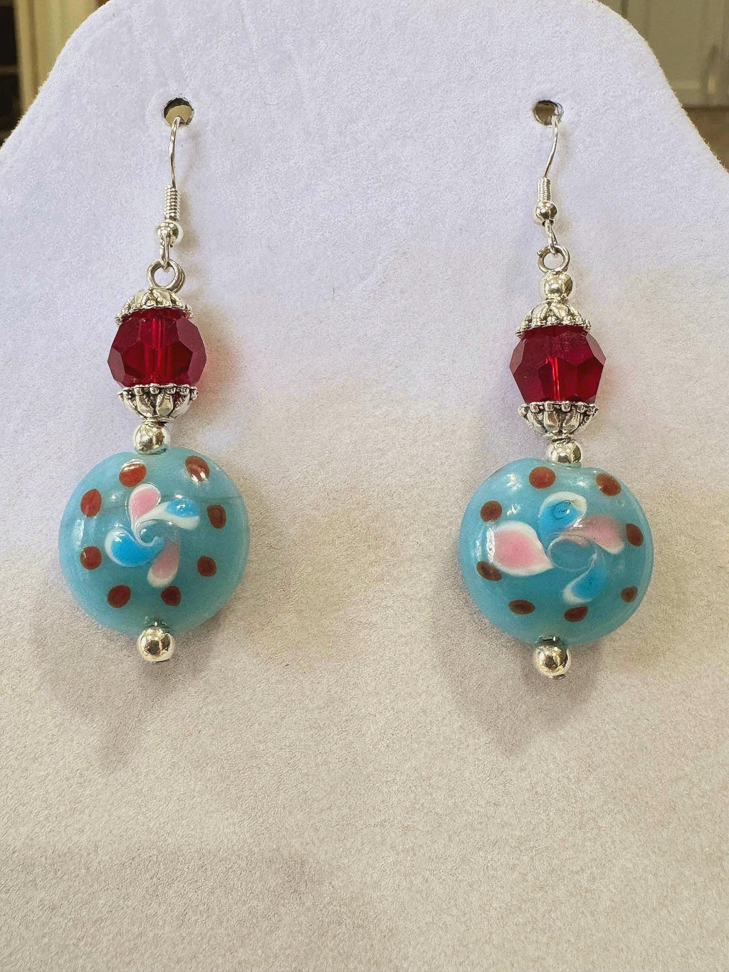 Handmade Murano Millefiori Earrings, Powder Blue, Pink, Sterling Silver Hooks