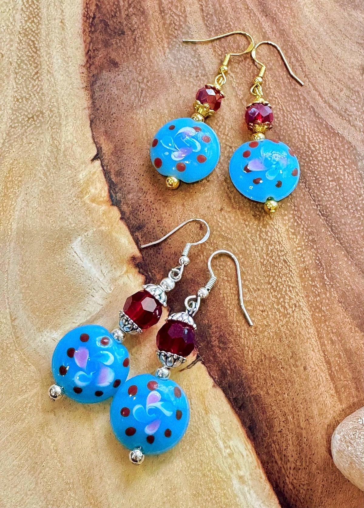 Handmade Murano Millefiori Earrings, Powder Blue, Pink, Sterling Silver Hooks