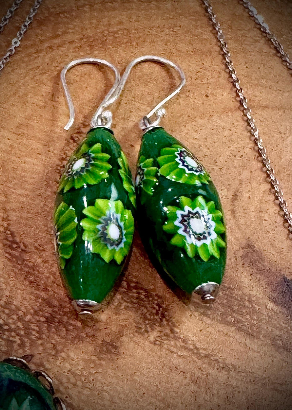Green with Envy Art Deco Sterling Silver Earrings, Necklace and Vintage Chunky Bracelet Set