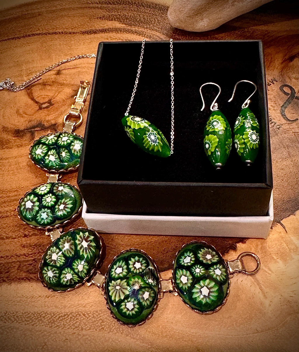 Green with Envy Art Deco Sterling Silver Earrings, Necklace and Vintage Chunky Bracelet Set