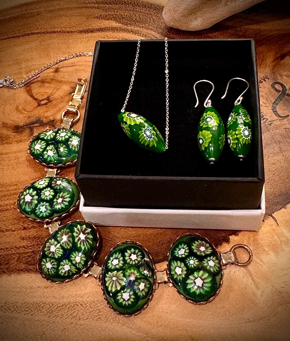 Green with Envy Art Deco Sterling Silver Earrings, Necklace and Vintage Chunky Bracelet Set