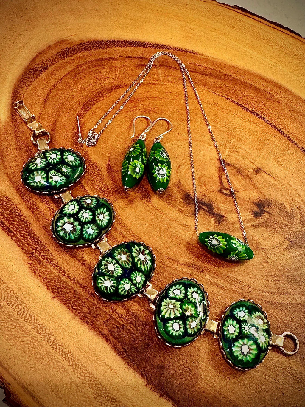 Green with Envy Art Deco Sterling Silver Earrings, Necklace and Vintage Chunky Bracelet Set