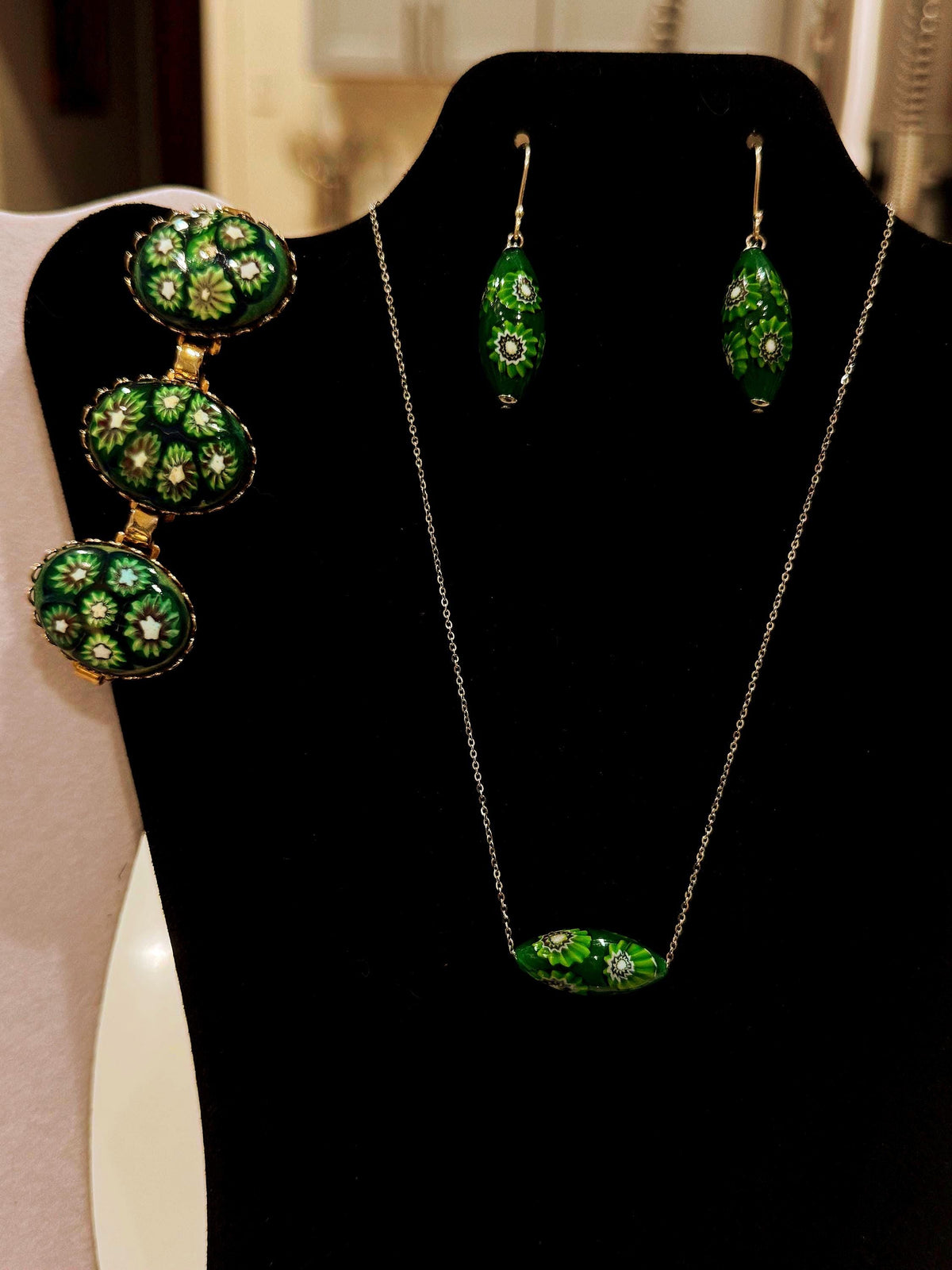 Green with Envy Art Deco Sterling Silver Earrings, Necklace and Vintage Chunky Bracelet Set