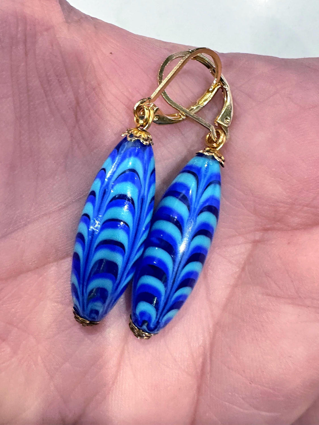 Vintage Millefiori Feathered Bead Earrings, Sterling Silver Vermeil