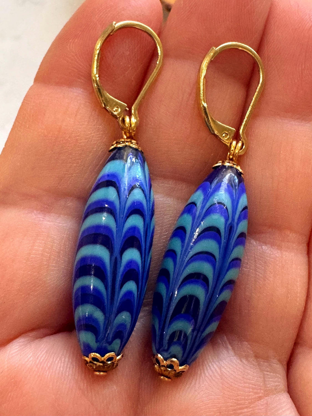 Vintage Millefiori Feathered Bead Earrings, Sterling Silver Vermeil