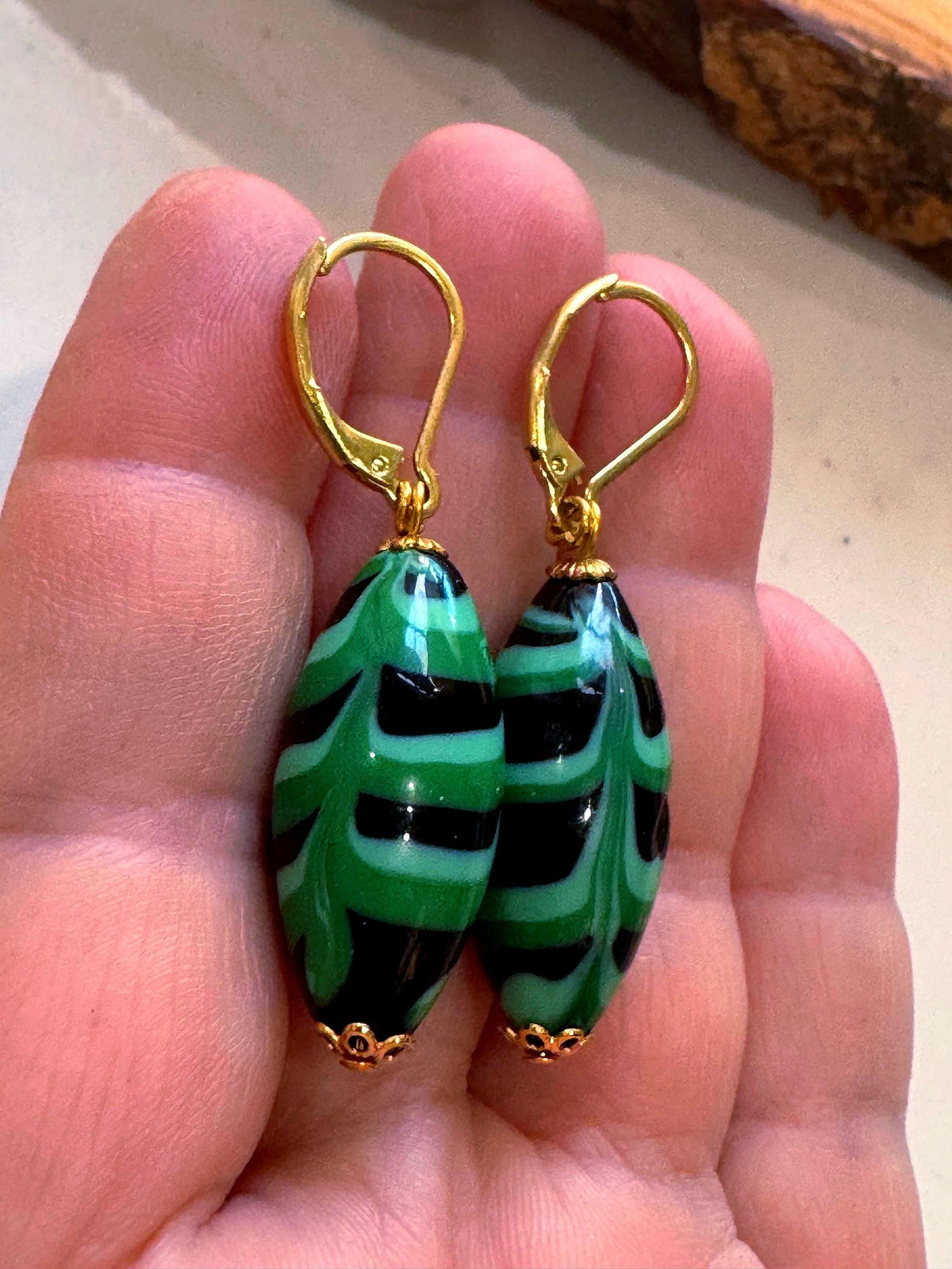 Vintage Murano Millefiori Earrings, Green Feathered Sterling Silver Vermeil