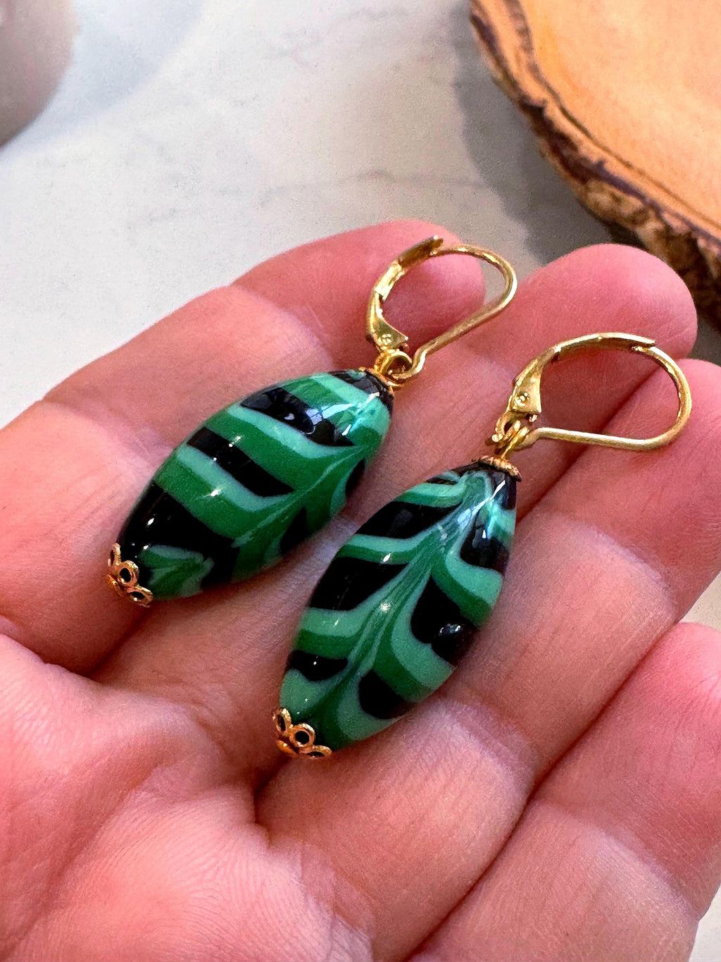 Vintage Murano Millefiori Earrings, Green Feathered Sterling Silver Vermeil