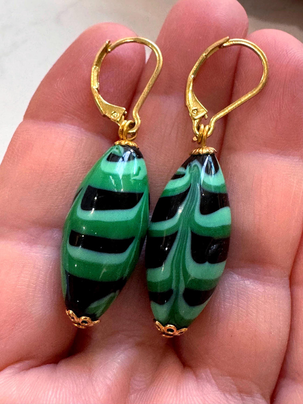 Vintage Murano Millefiori Earrings, Green Feathered Sterling Silver Vermeil