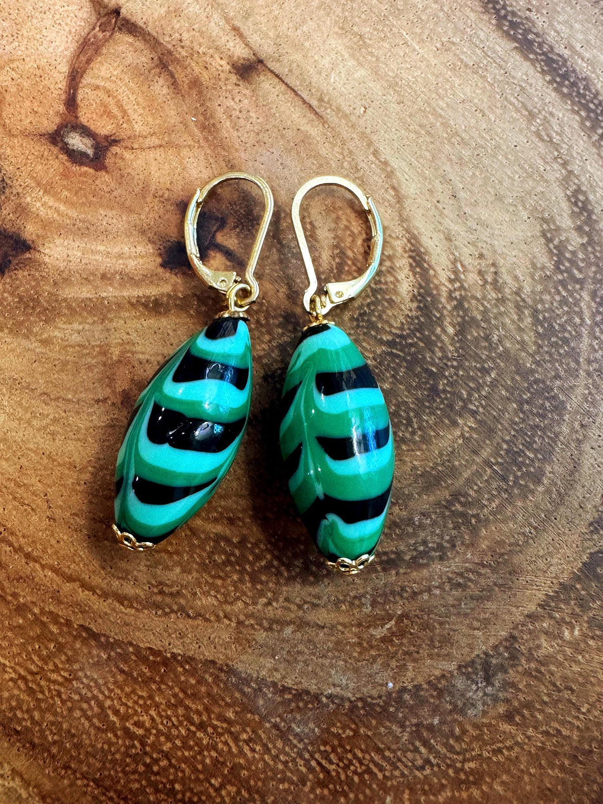Vintage Murano Millefiori Earrings, Green Feathered Sterling Silver Vermeil