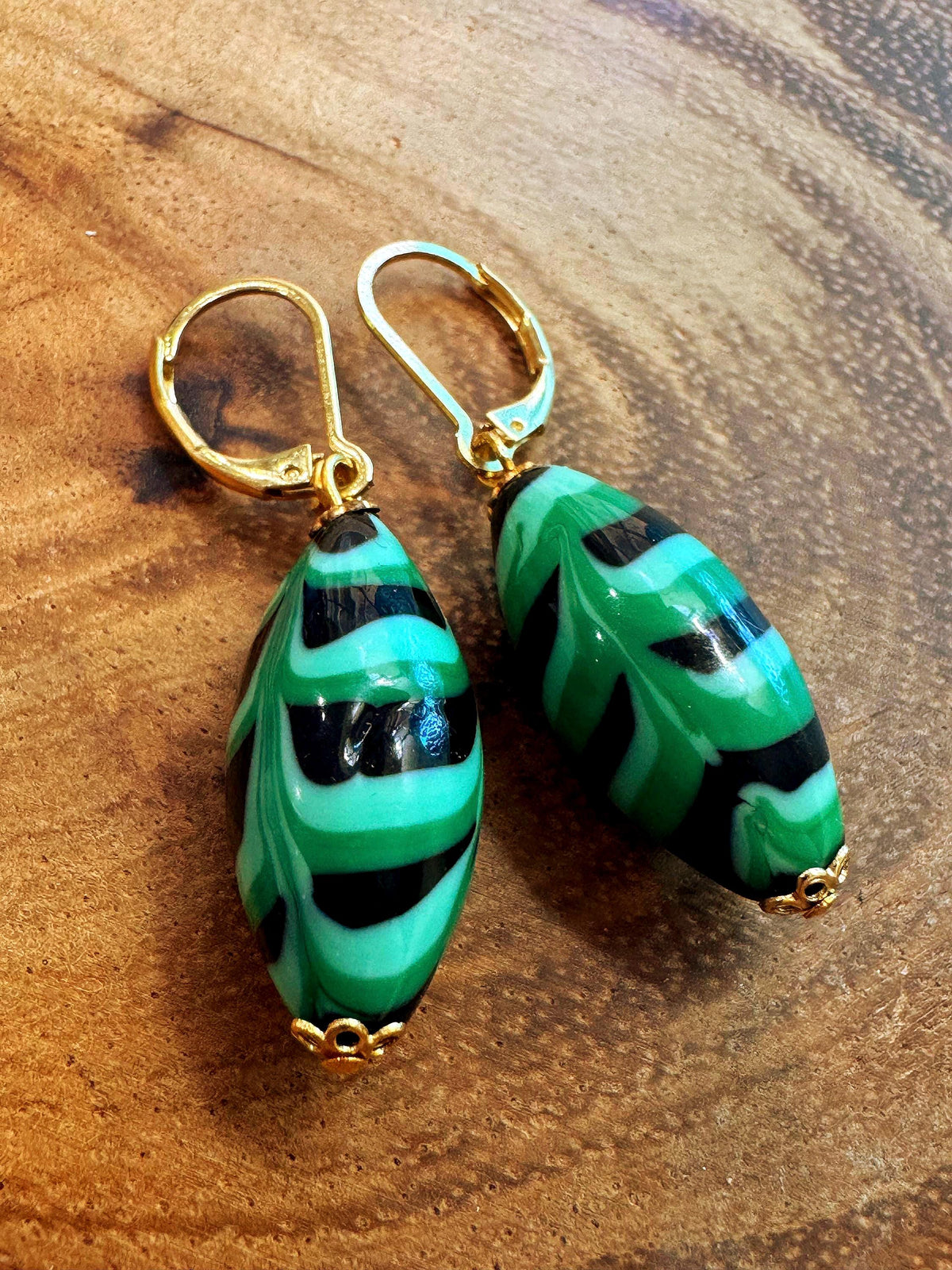 Vintage Murano Millefiori Earrings, Green Feathered Sterling Silver Vermeil