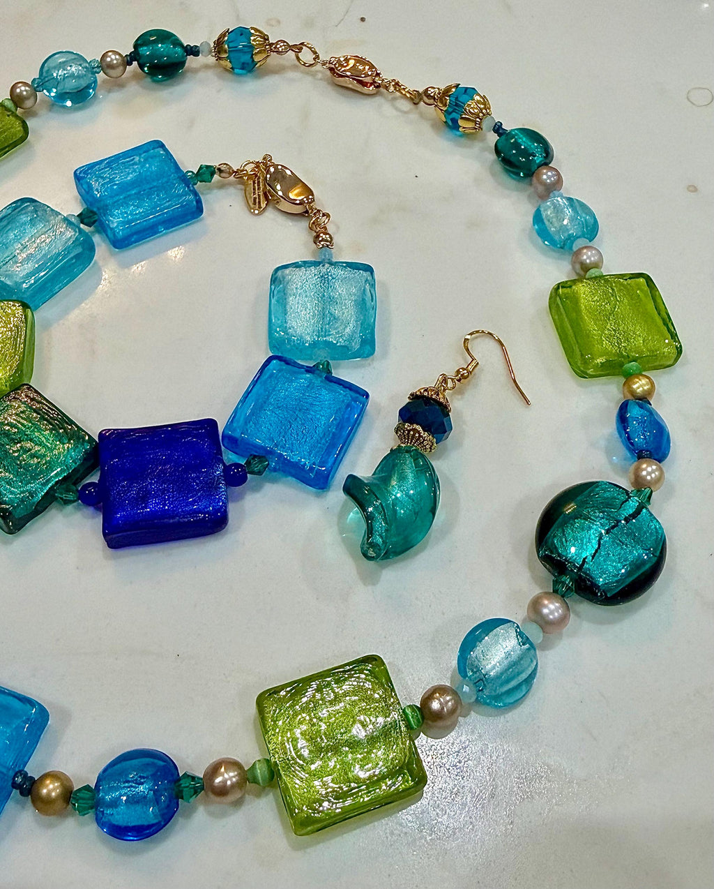 Lampwork Murano Glass Necklace: Aqua, Green, Pearl Statement Piece