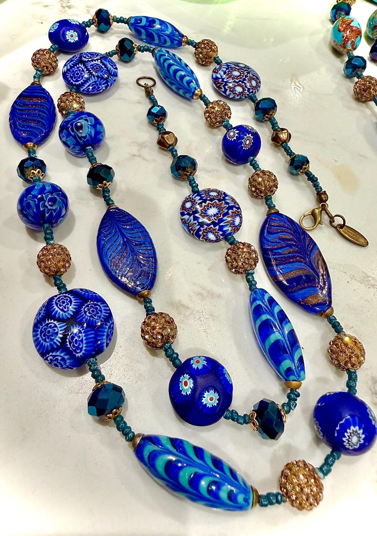 Rosario Leonardi 28" Necklace Featuring a Tapestry Mix of Vintage Cobalt Blue Ercole Moretti & Uncirculated Millefiori Murano Glass Beads
