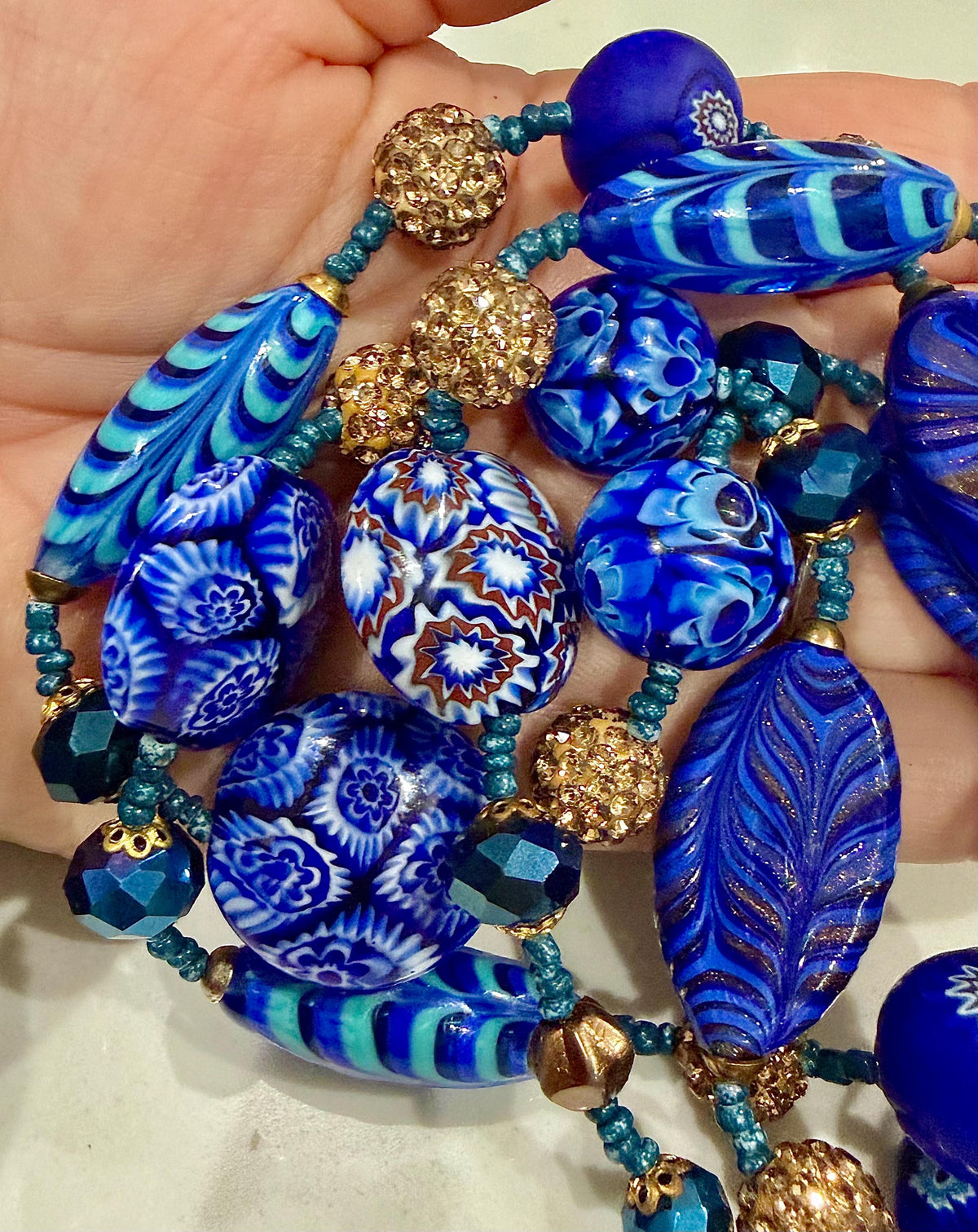 Rosario Leonardi 28" Necklace Featuring a Tapestry Mix of Vintage Cobalt Blue Ercole Moretti & Uncirculated Millefiori Murano Glass Beads