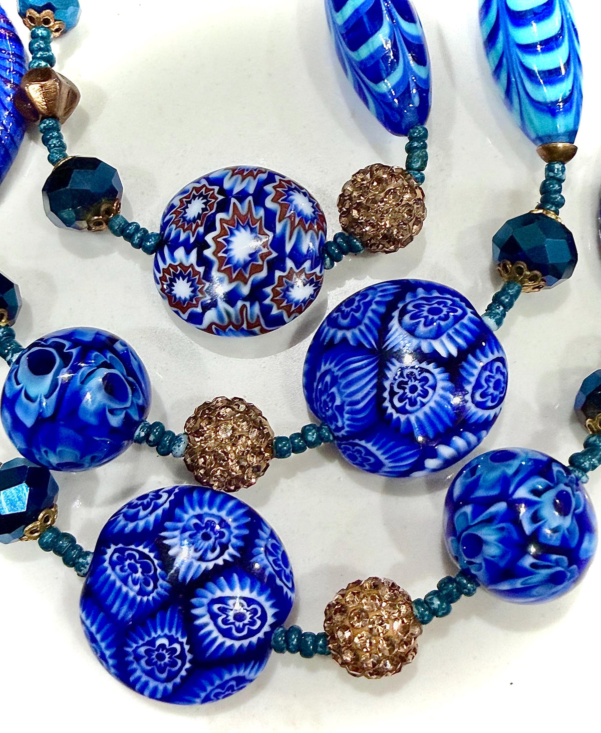 Rosario Leonardi 28" Necklace Featuring a Tapestry Mix of Vintage Cobalt Blue Ercole Moretti & Uncirculated Millefiori Murano Glass Beads