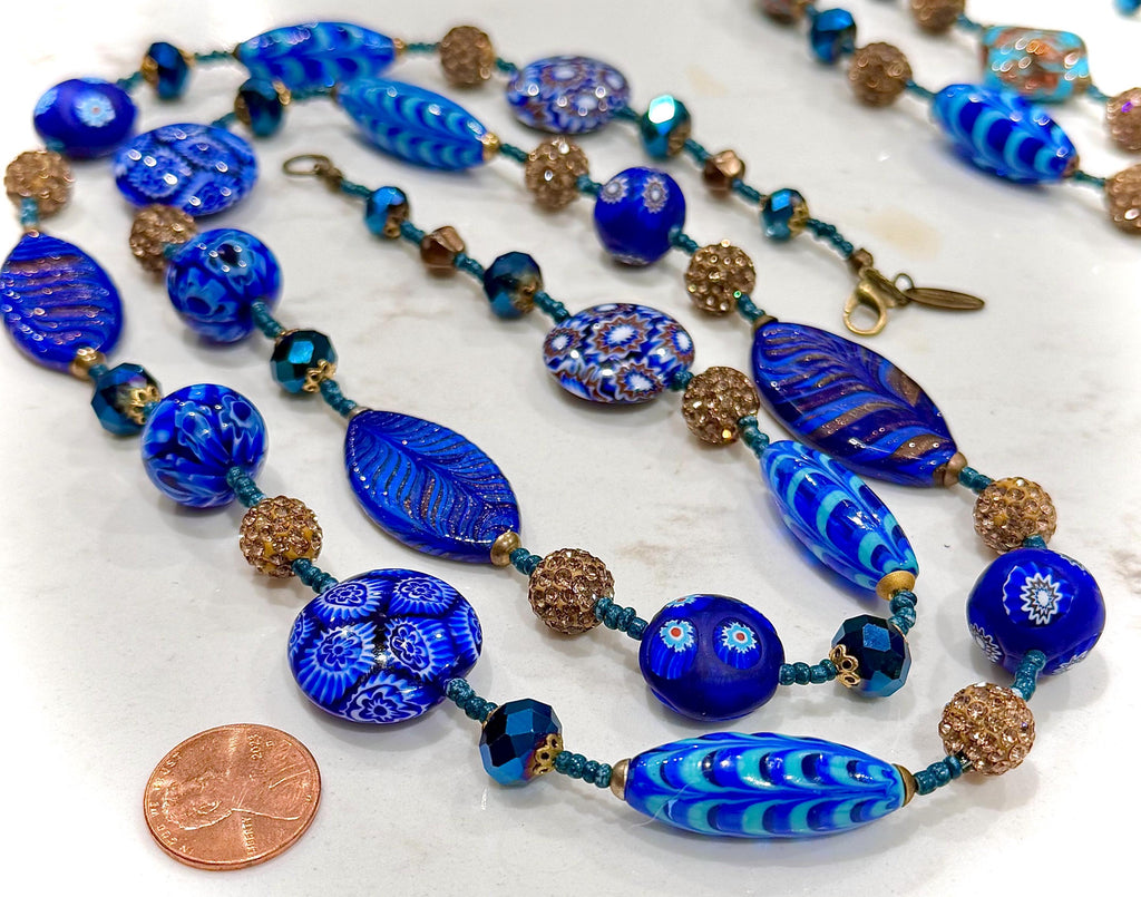Rosario Leonardi 28" Necklace Featuring a Tapestry Mix of Vintage Cobalt Blue Ercole Moretti & Uncirculated Millefiori Murano Glass Beads