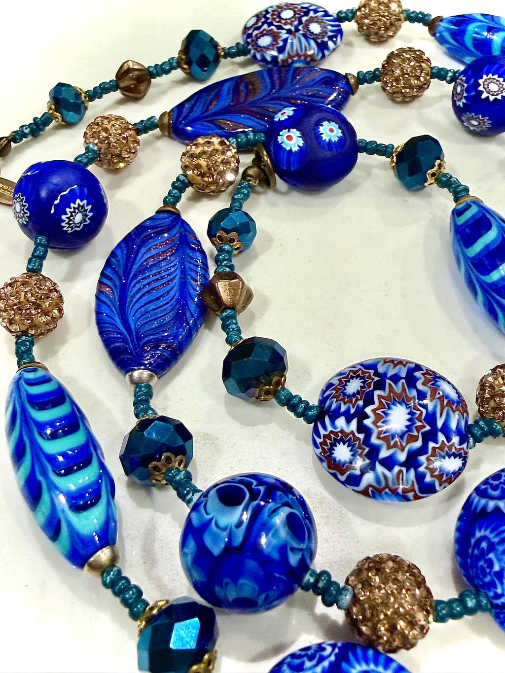 Rosario Leonardi 28" Necklace Featuring a Tapestry Mix of Vintage Cobalt Blue Ercole Moretti & Uncirculated Millefiori Murano Glass Beads