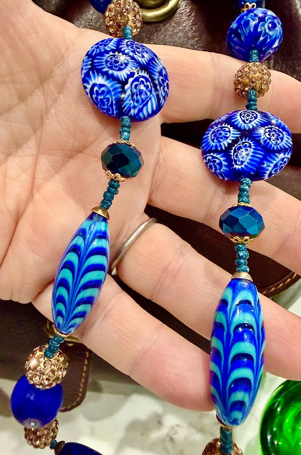Rosario Leonardi 28" Necklace Featuring a Tapestry Mix of Vintage Cobalt Blue Ercole Moretti & Uncirculated Millefiori Murano Glass Beads