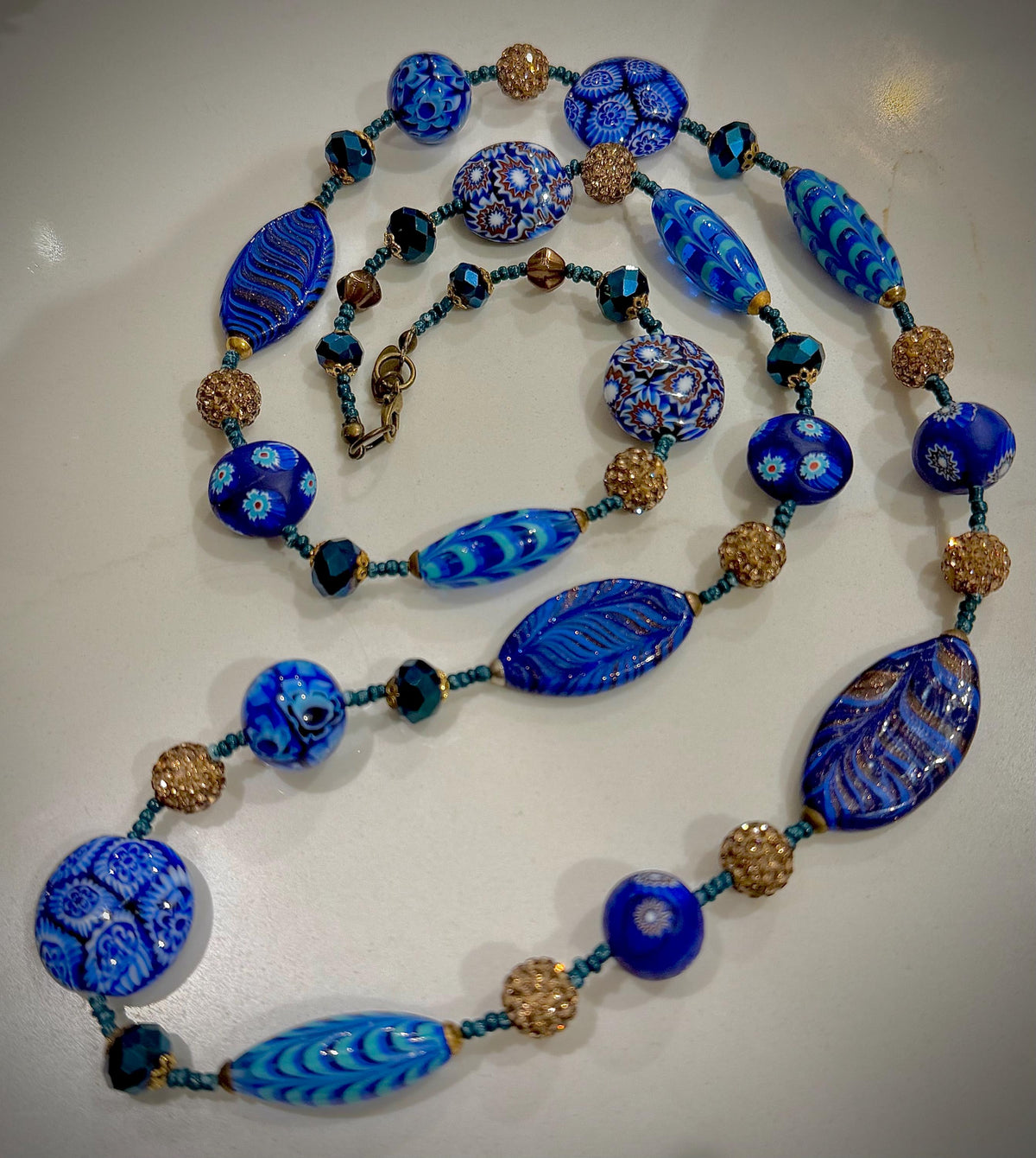 Rosario Leonardi 28" Necklace Featuring a Tapestry Mix of Vintage Cobalt Blue Ercole Moretti & Uncirculated Millefiori Murano Glass Beads