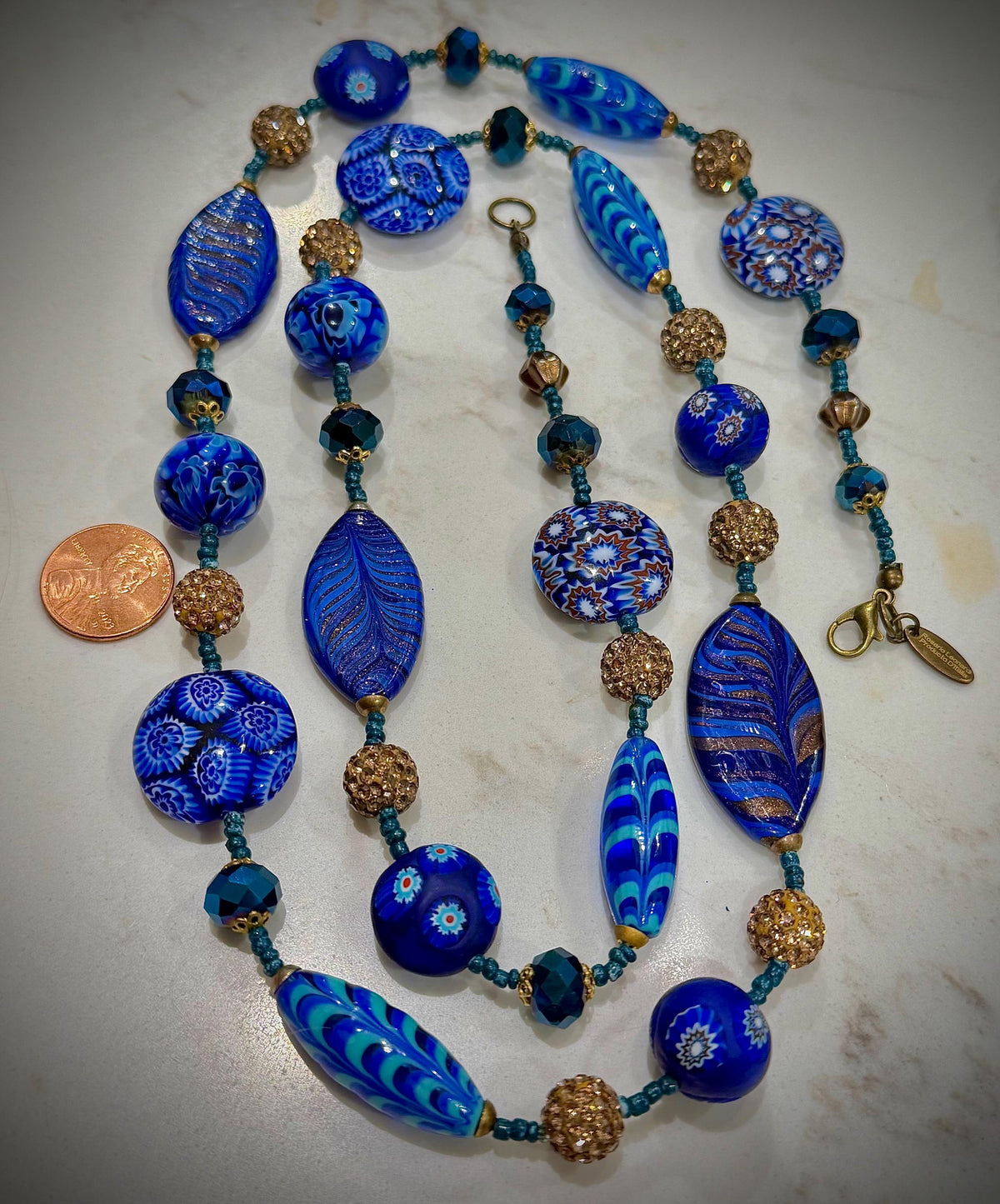 Rosario Leonardi 28" Necklace Featuring a Tapestry Mix of Vintage Cobalt Blue Ercole Moretti & Uncirculated Millefiori Murano Glass Beads