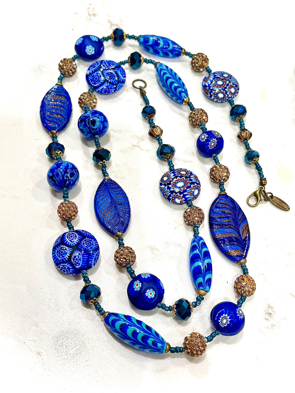 Rosario Leonardi 28" Necklace Featuring a Tapestry Mix of Vintage Cobalt Blue Ercole Moretti & Uncirculated Millefiori Murano Glass Beads