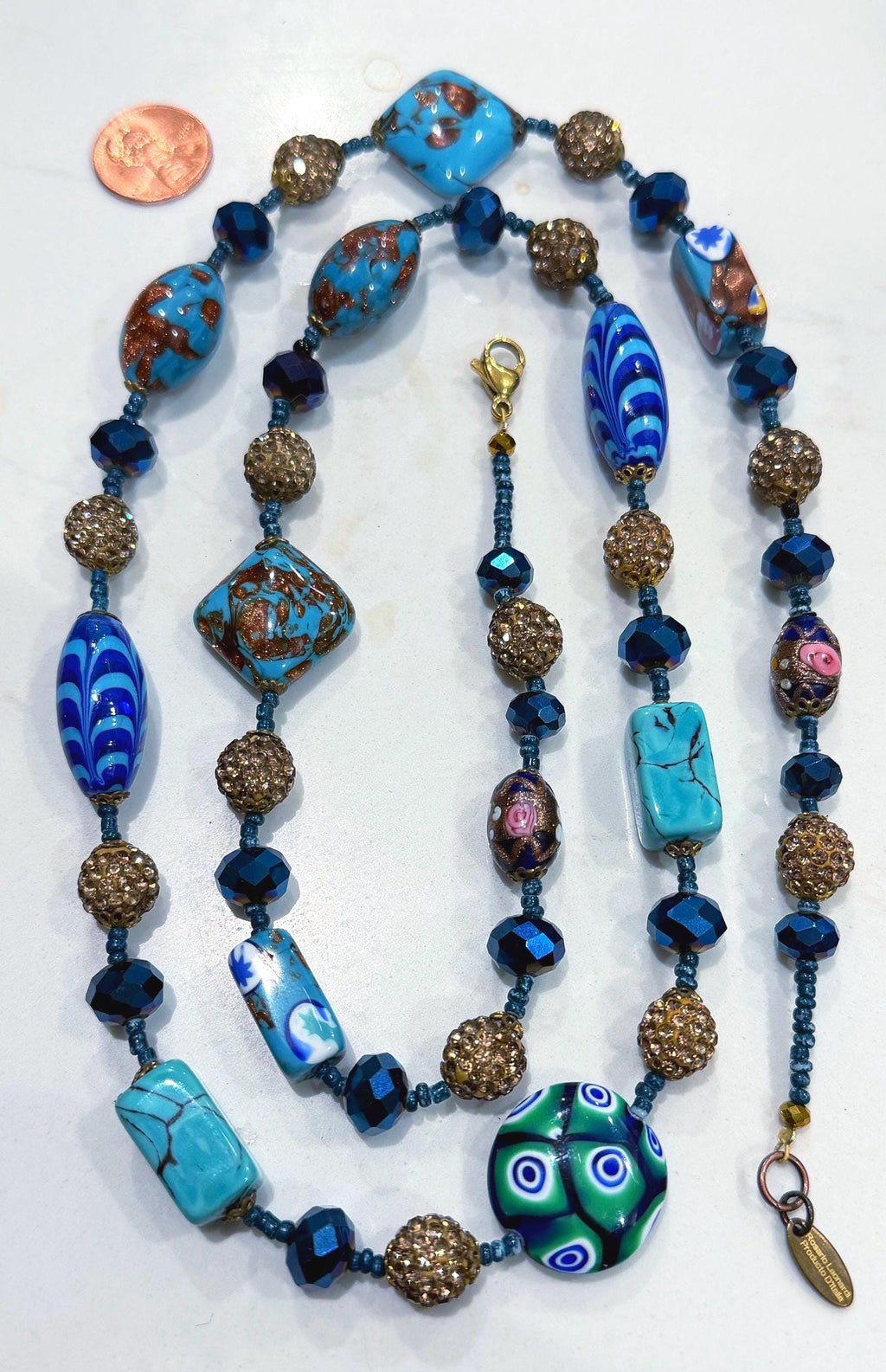 28” Rosario Leonardi Aqua Beauty Featuring Ercole Moretti Murano Millefiori Glass Beaded Necklace