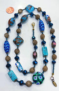 28” Rosario Leonardi Aqua Beauty Featuring Ercole Moretti Murano Millefiori Glass Beaded Necklace