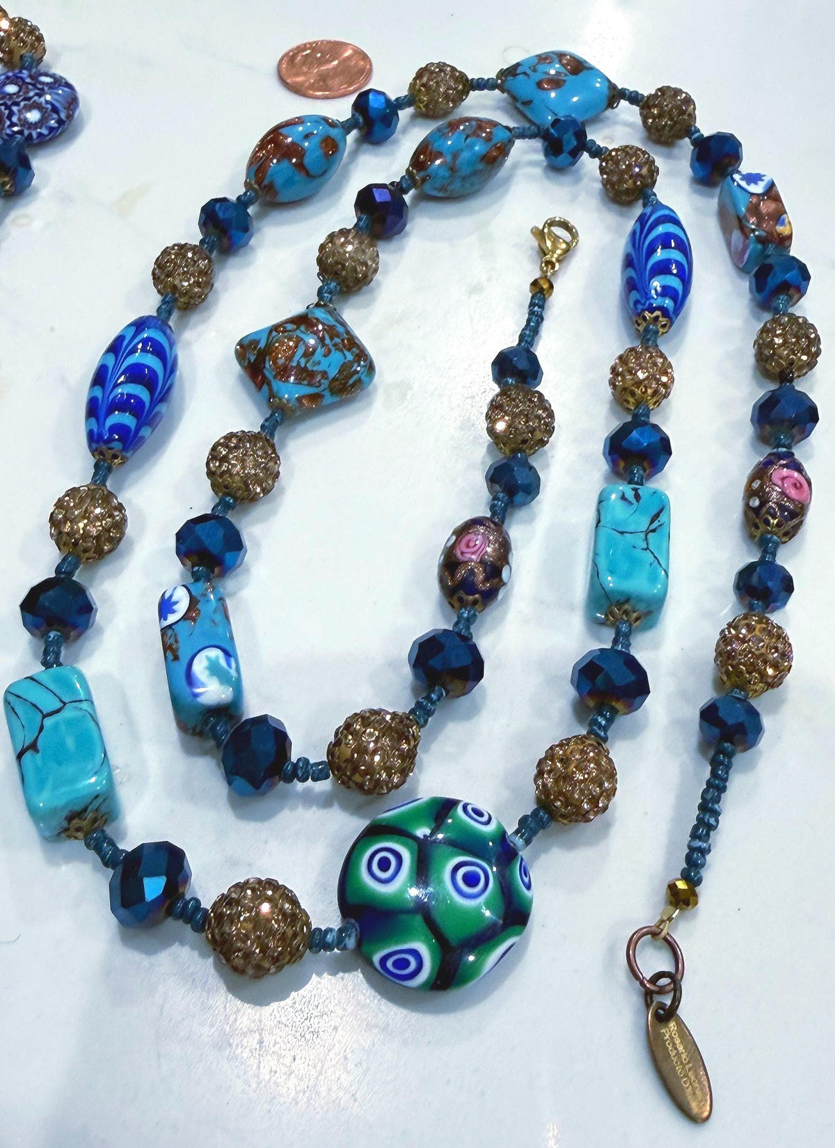 28” Rosario Leonardi Aqua Beauty Featuring Ercole Moretti Murano Millefiori Glass Beaded Necklace