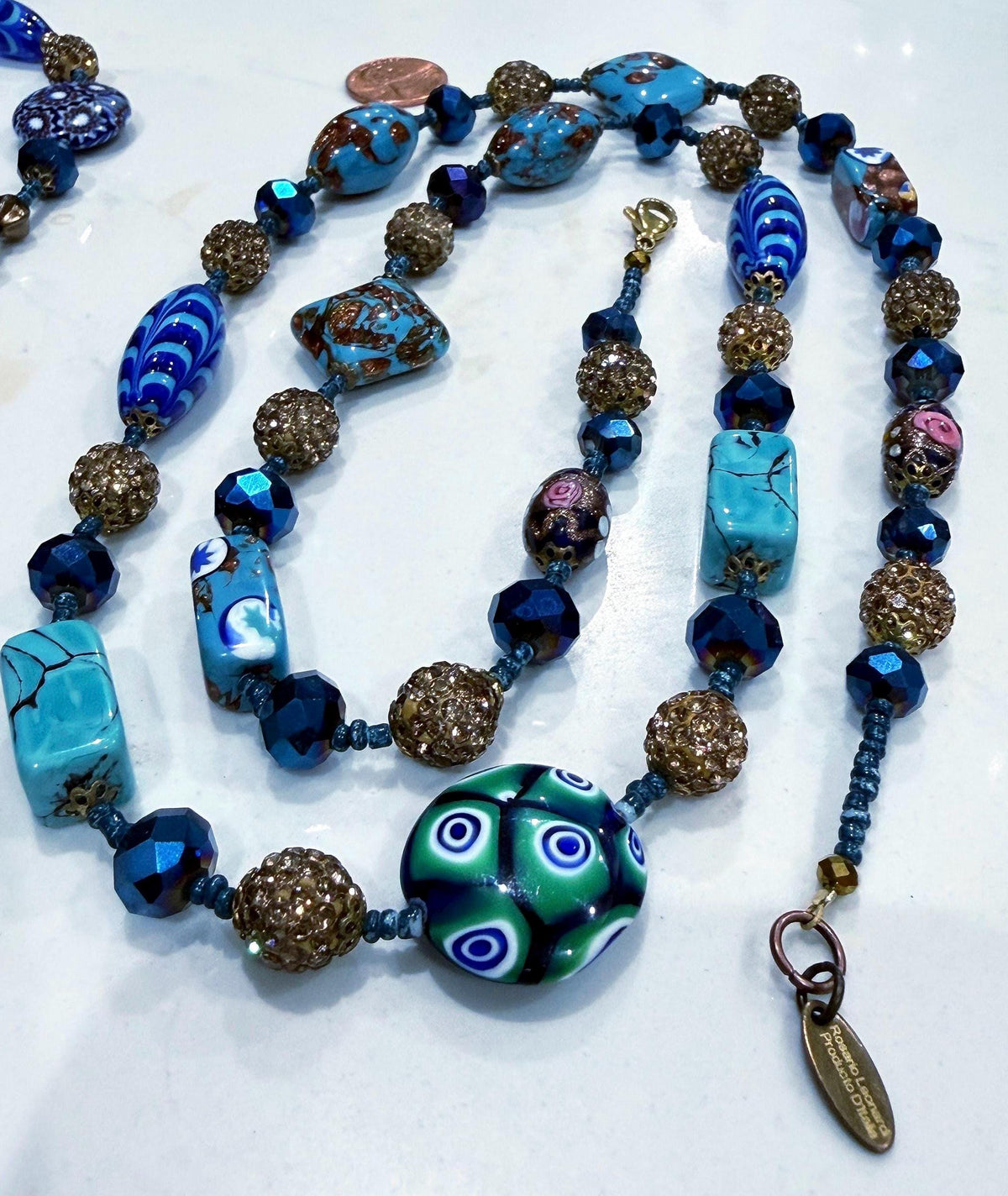 28” Rosario Leonardi Aqua Beauty Featuring Ercole Moretti Murano Millefiori Glass Beaded Necklace