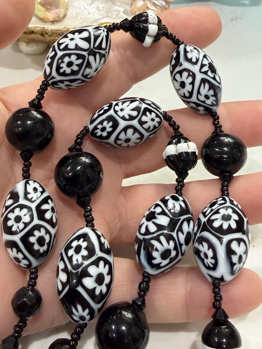 Rosario Leonardi Black White Murano Glass Necklace, Custom Ercole Moretti Beads