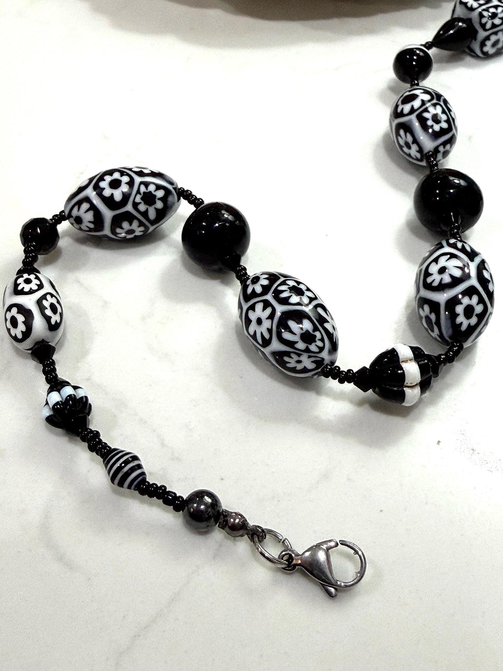 Rosario Leonardi Black White Murano Glass Necklace, Custom Ercole Moretti Beads