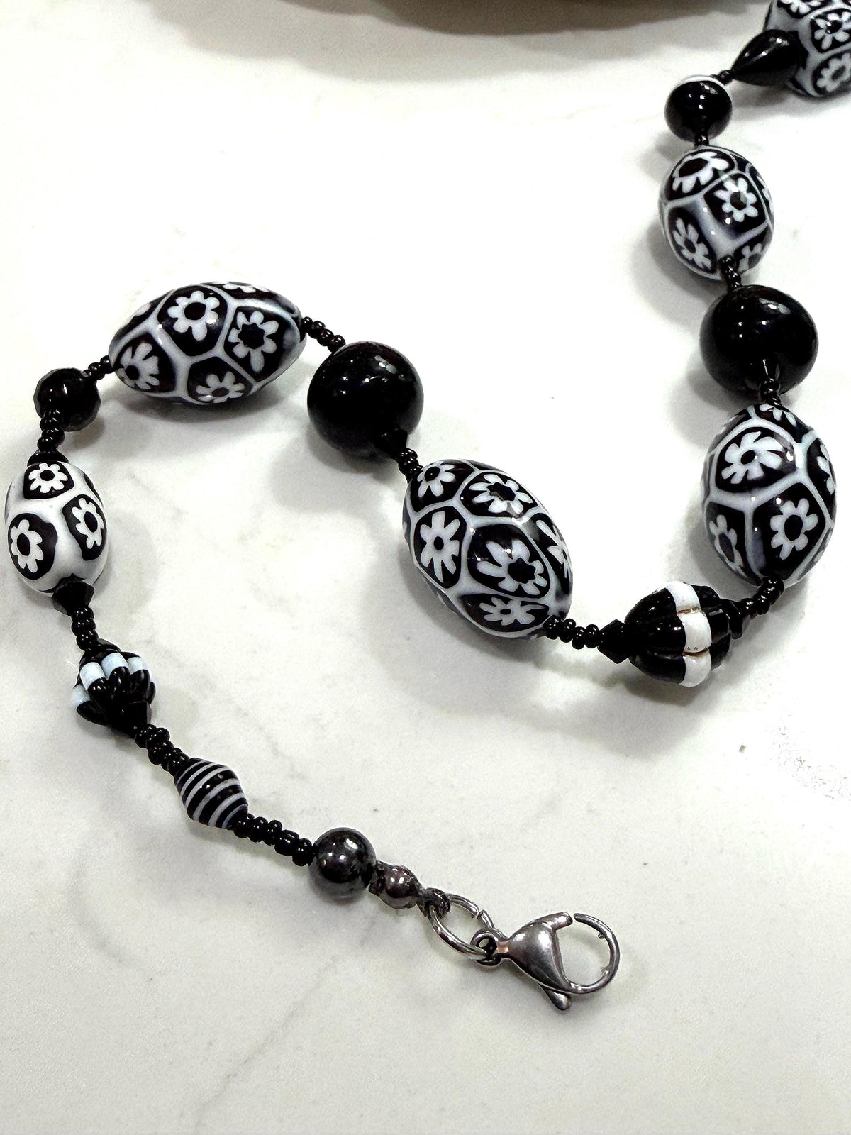 Rosario Leonardi Black White Murano Glass Necklace, Custom Ercole Moretti Beads